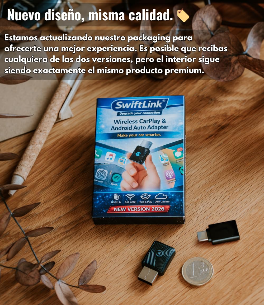 【CarPlay Inalámbrico 2026】 Apto para Android Auto Adaptador Bluetooth para iPhone y Android Conecta sin Cables y Mejora la Experiencia en el Coche Transmisión Estable Plug&Play (SwiftLink Lite) — view 2
