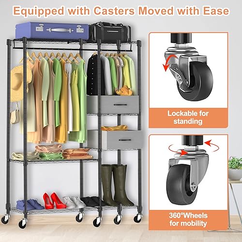 Miniatura 5 de Perchero de ropa resistente con ruedas de 2.5 pulgadas, armario portátil con estantes, organizadores de ropa y almacenamiento con ganchos laterales,