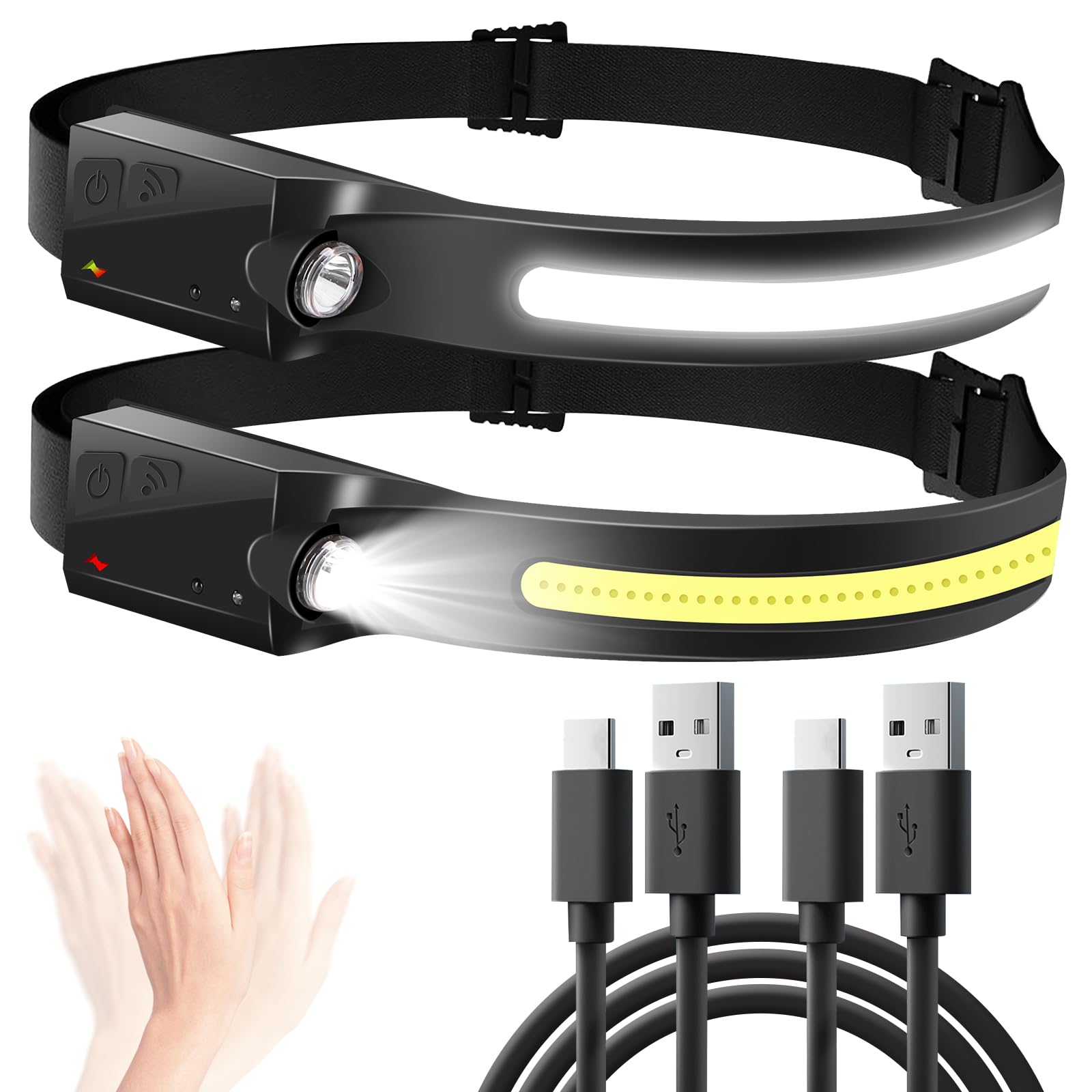 Aigostar Torcia Frontale Led Ricaricabile，Lampada da testa con Sensore di Movimento，6 Modalità di Luce，230° Angolo Ampio， USB-C， Leggero (0.14 lb) per Campeggio，Corsa，Ciclismo，Pesca， 2 Pezzi
