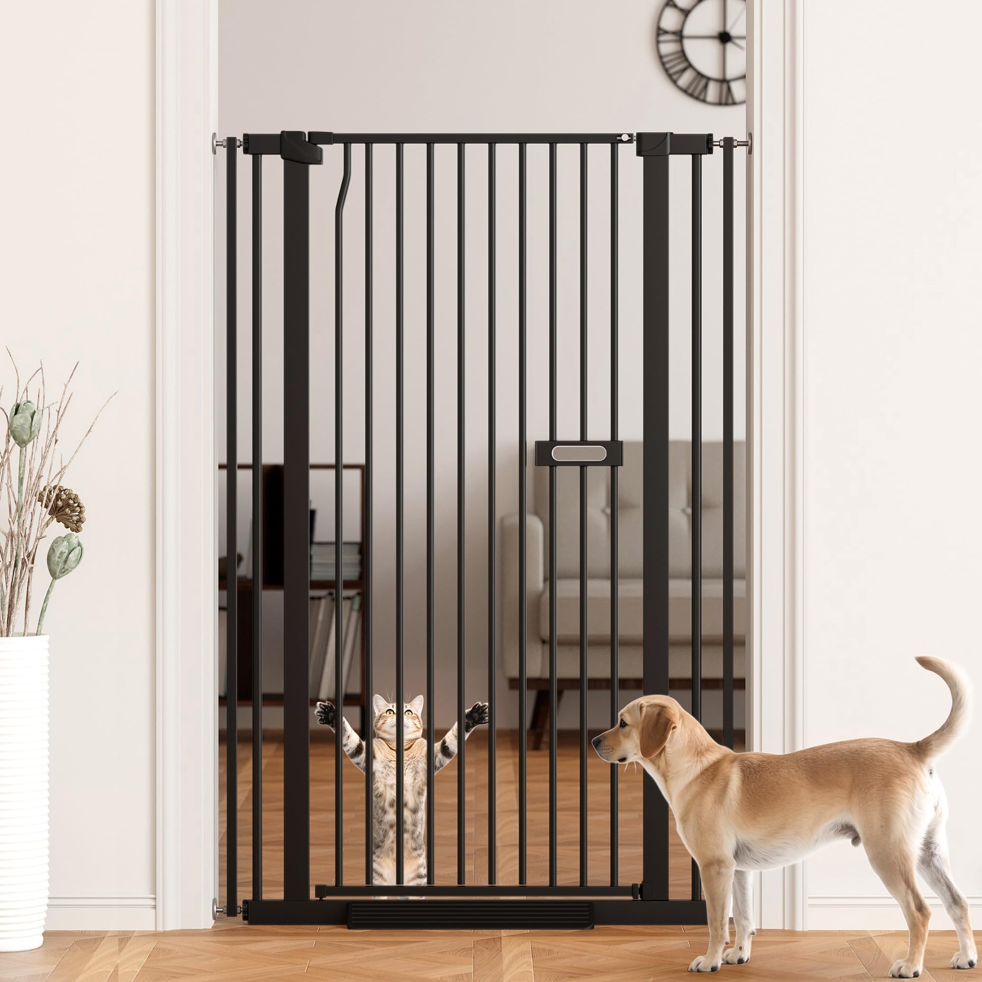 Extra Tall Cat Gate 55.1" for Doorways, 30.1-33.8" Wide High Pressure Mounted Baby Dog Pet Gate for Stairs, 1.37" Gap No Drilling Auto Close for Hallways/Kitchen, Black
