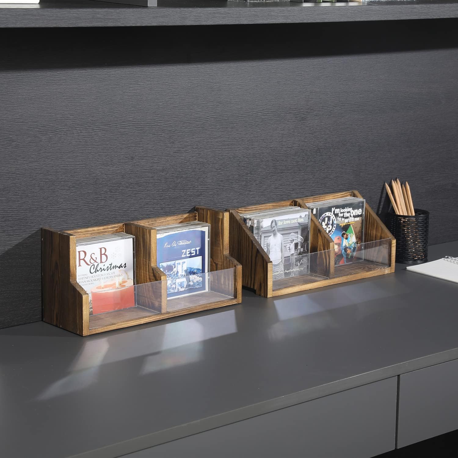 MyGift Rustic Burnt Wood and Clear Acrylic CD Holder Bins, Stackable Storage Racks, Set of 2 : Electronics