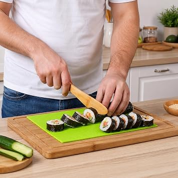 4PCS Sushi Making Kit, 4-Piece Silicone Sushi Rolling Mat Set with Rice Paddle, Ideal for Homemade Sushi Rolls and Vietnamese Spring Rolls, Complete with 7.5cm Vinegar Dish