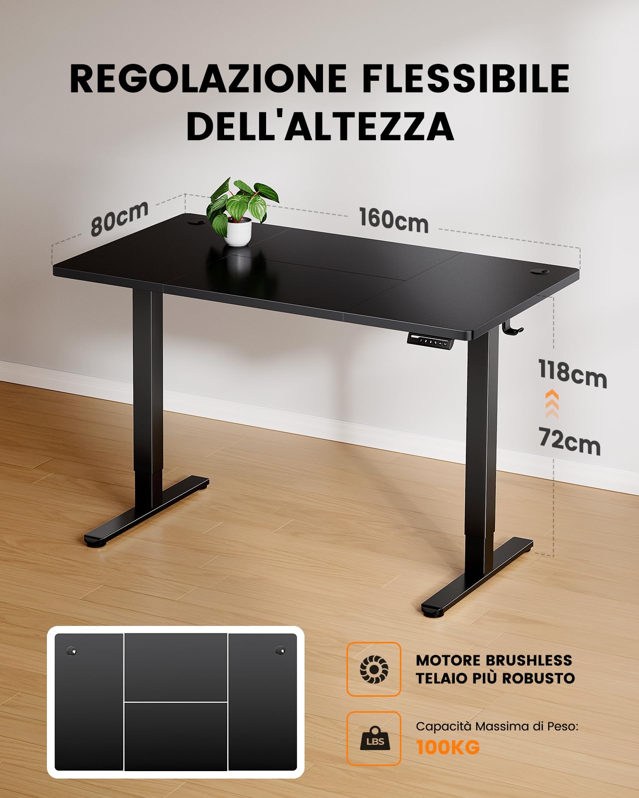 ErGear Scrivania elettrica regolabile in altezza, 160 x 80 cm, portata 100 kg, con motore senza spazzole avanzato, funzione silenziosa, robusto telaio in metallo