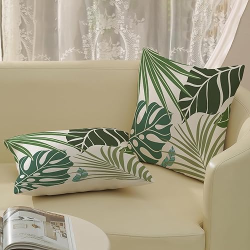 Miniatura 6 de Juego de 2 fundas de almohada tropicales de 16 x 16 pulgadas, color verde, verde azulado, aguamarina, coral, naranja, hojas de palma, para sofá,
