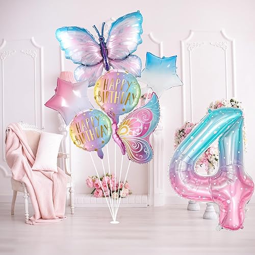 Miniatura 4 de Globos de mariposa para decoración de cumpleaños de 4 años para niñas, globos de aluminio de color rosa degradado, globo gigante de Mylar con el