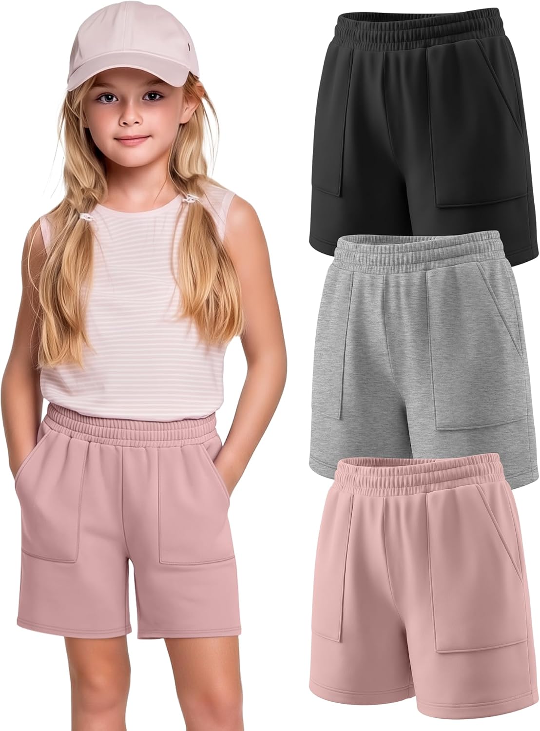 3 Pack Girls Shorts Kids Athletic Elastic Waist SweatShorts with Pockets Lightweight Loose Fit Shorts 5-14 Years
