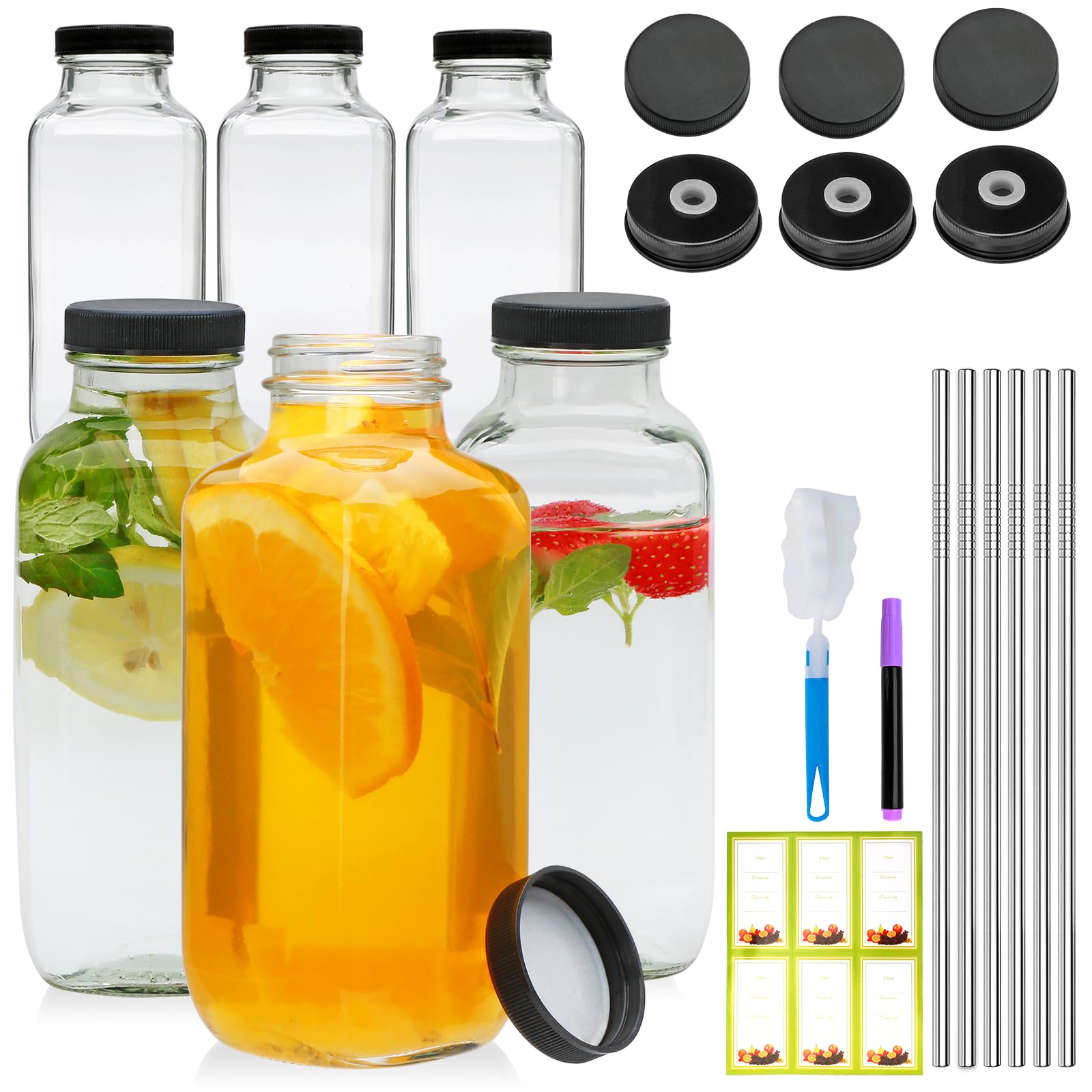 Maredash 16oz glass bottles with lids,juice bottles gifts for women,glass bottles with lids,glass water bottles. Kit includes Stainless Steels Straws,