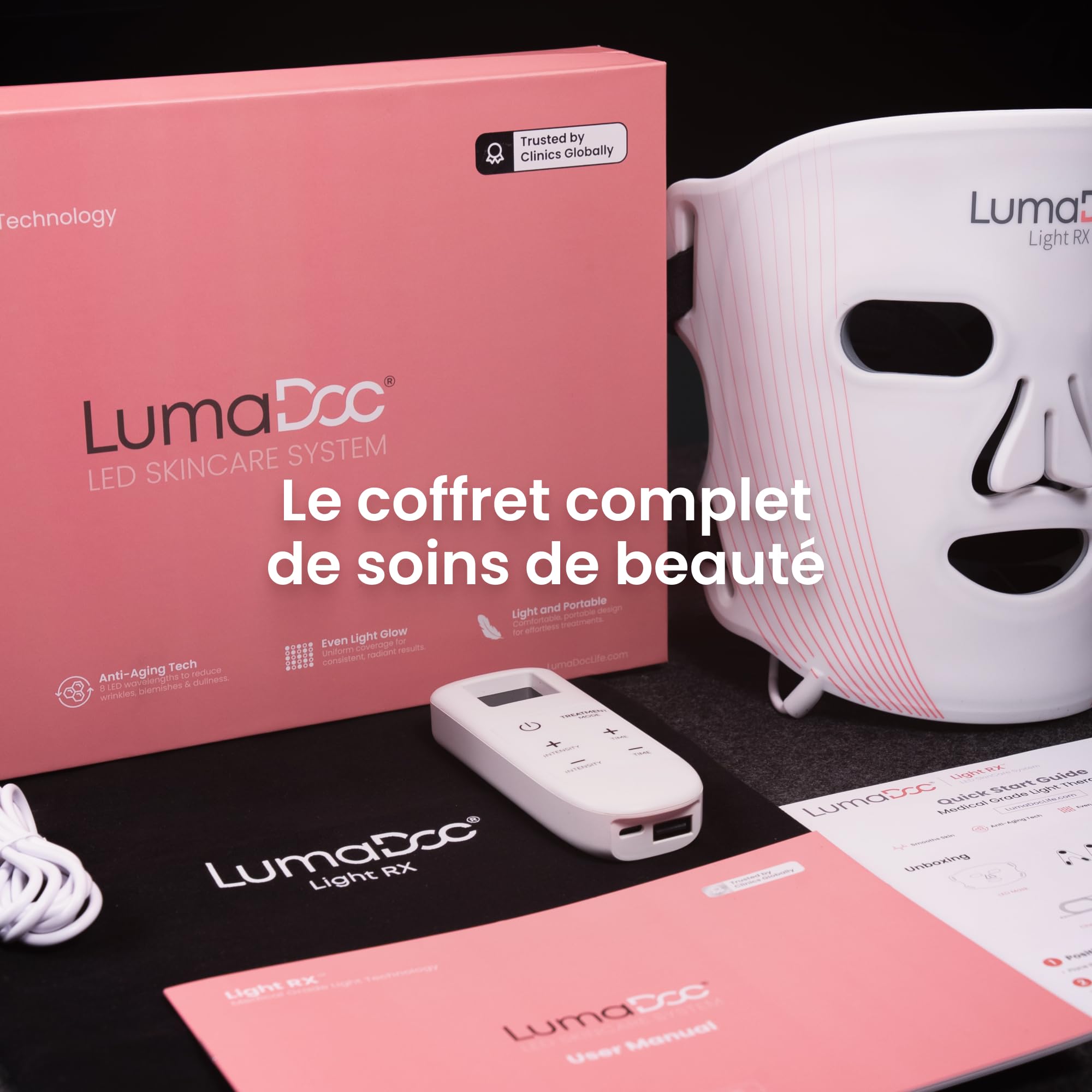 Masque Facial LED de Luminothérapie, Light RX, 96 LED Puissantes et Avancées, Rechargeable, 4 Modes, 3 Longueurs d'Onde Optimisées, Rouge, Proche Infrarouge NIR, Bleu