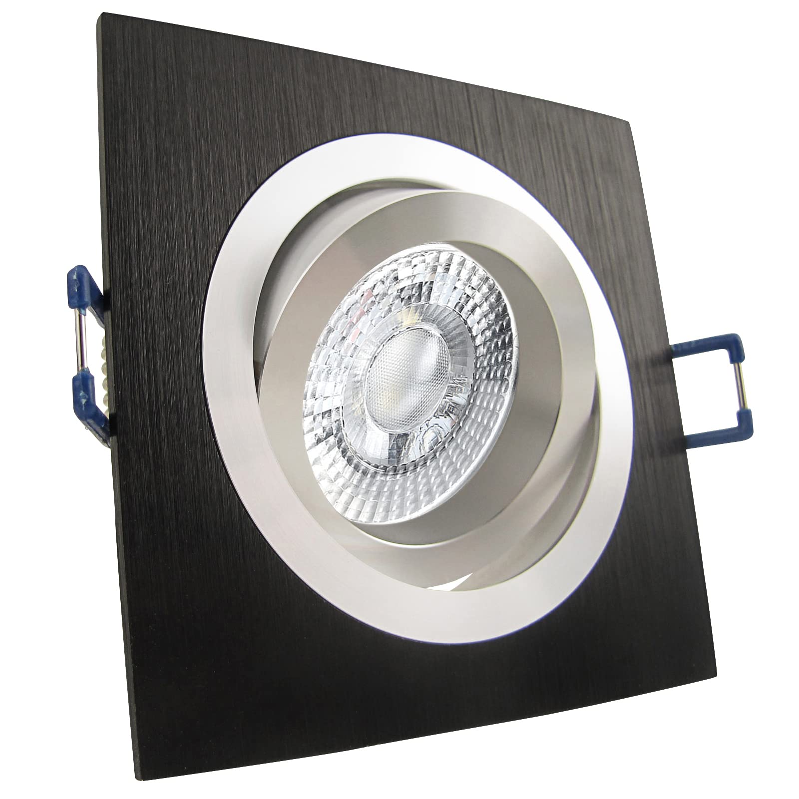 trendlights24 Noble LED Decken Einbaustrahler Schwarz 7W dimmbar 8er Set | Einbauleuchte, eckig, LED Spots, GU10, 50° Abstrahlwinkel, Warmweiß, 3000K, Spot, austauschbar, Deckenspots, schwenkbar