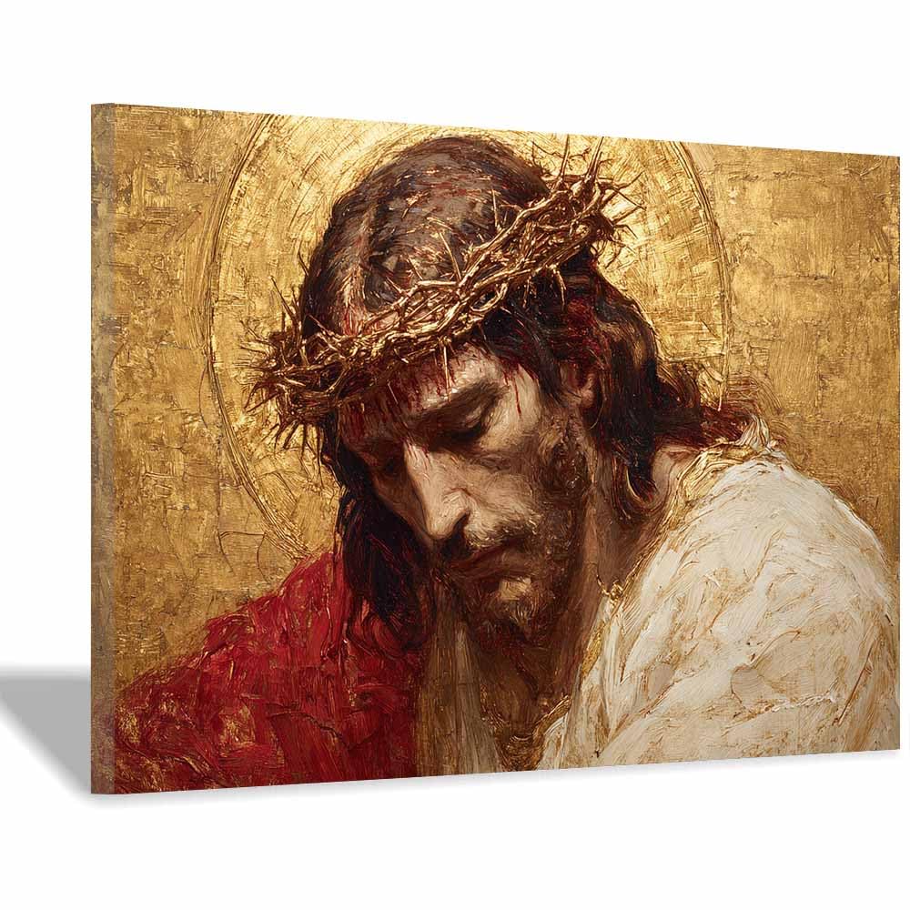 ZAMAEIU Christ Religions Canvas Wall Decor Wearing golden thorns Modern Abstract Religious Posters Prints for Living Room Bedroom Church Home Decoration(golden)-30x50cm Framed