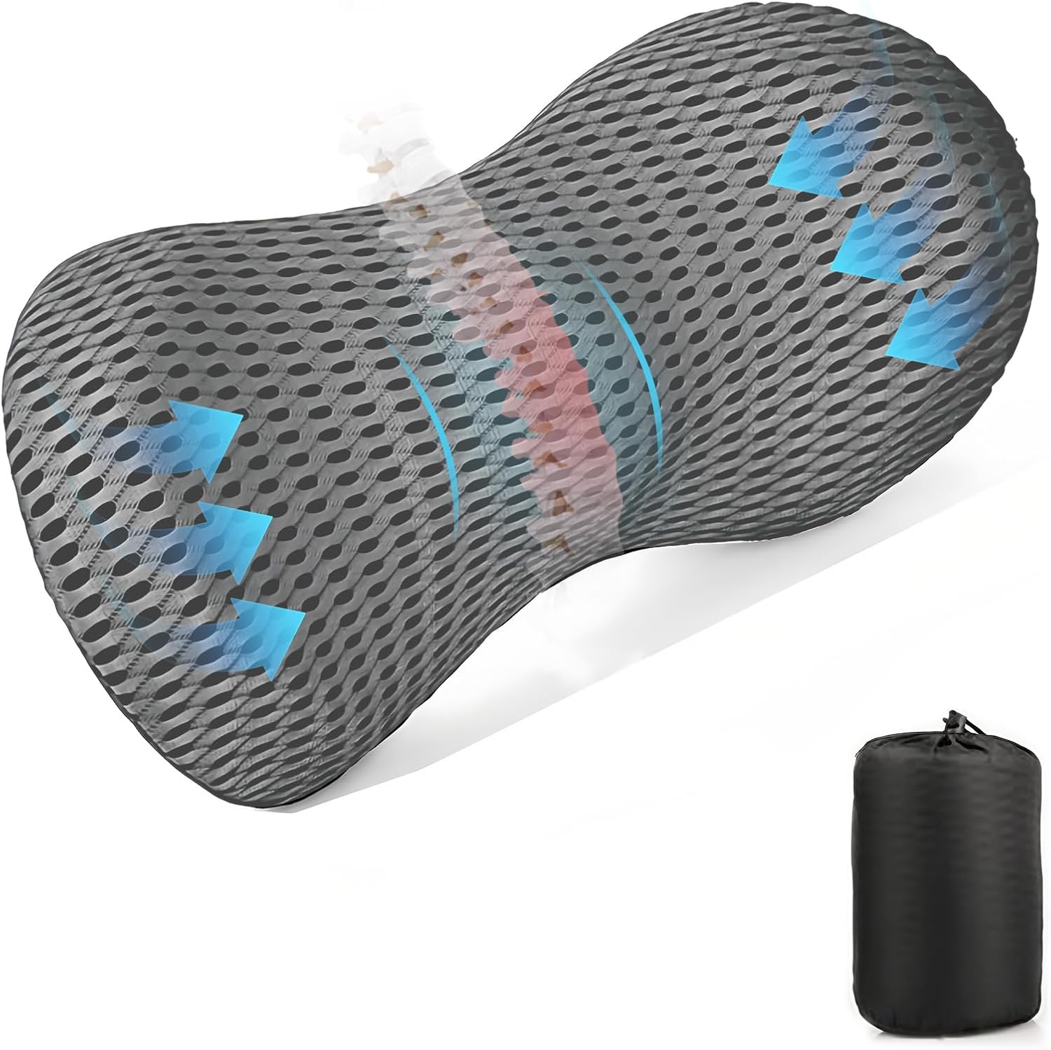 Lumbar Support Pillow Back Cushion for Office Chair Car Driving Seat & Plane, Memory Foam Travel Pillow for Back Pain, Ergonomic with Removable 4D Mesh Cover & Portable Bag for Resting Sleeping, Grey