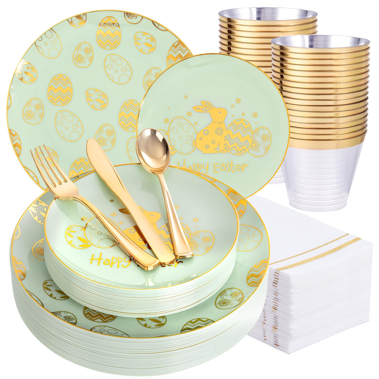 Festiva 175Pcs Easter Plates and Napkins Disposable - Green and Gold Plastic Dinnerware Set for 50 guests include 50 Plates 25Cups 25Plastic Silverware 25Napkins Perfect for Easter Party