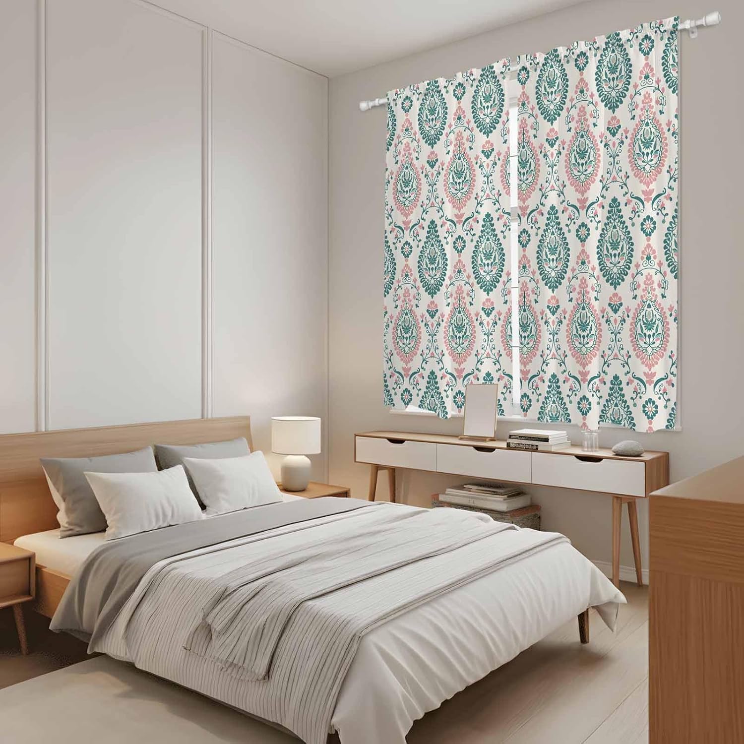 Green Pink Boho Kitchen Curtains, Ethnic Abstract Geometric Floral Pattern Light Filtering Window Curtain Panels, 2Pcs Rod Pocket Window Treatments Set for Living Room Bathroom Bedroom 42x63 Inches