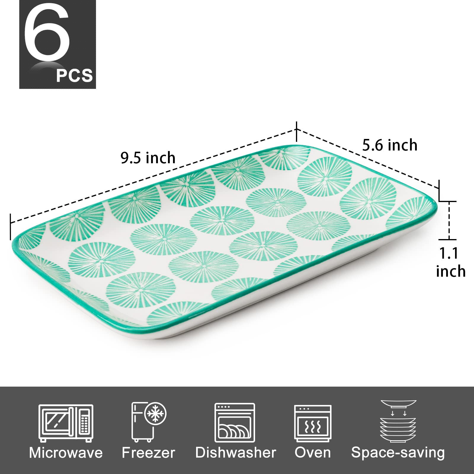 KitchenTour - Piatto da portata rettangolare, 24,1 cm, piatti da portata in ceramica, 6 pezzi, per insalata, sushi, frutta, microonde e lavastoviglie