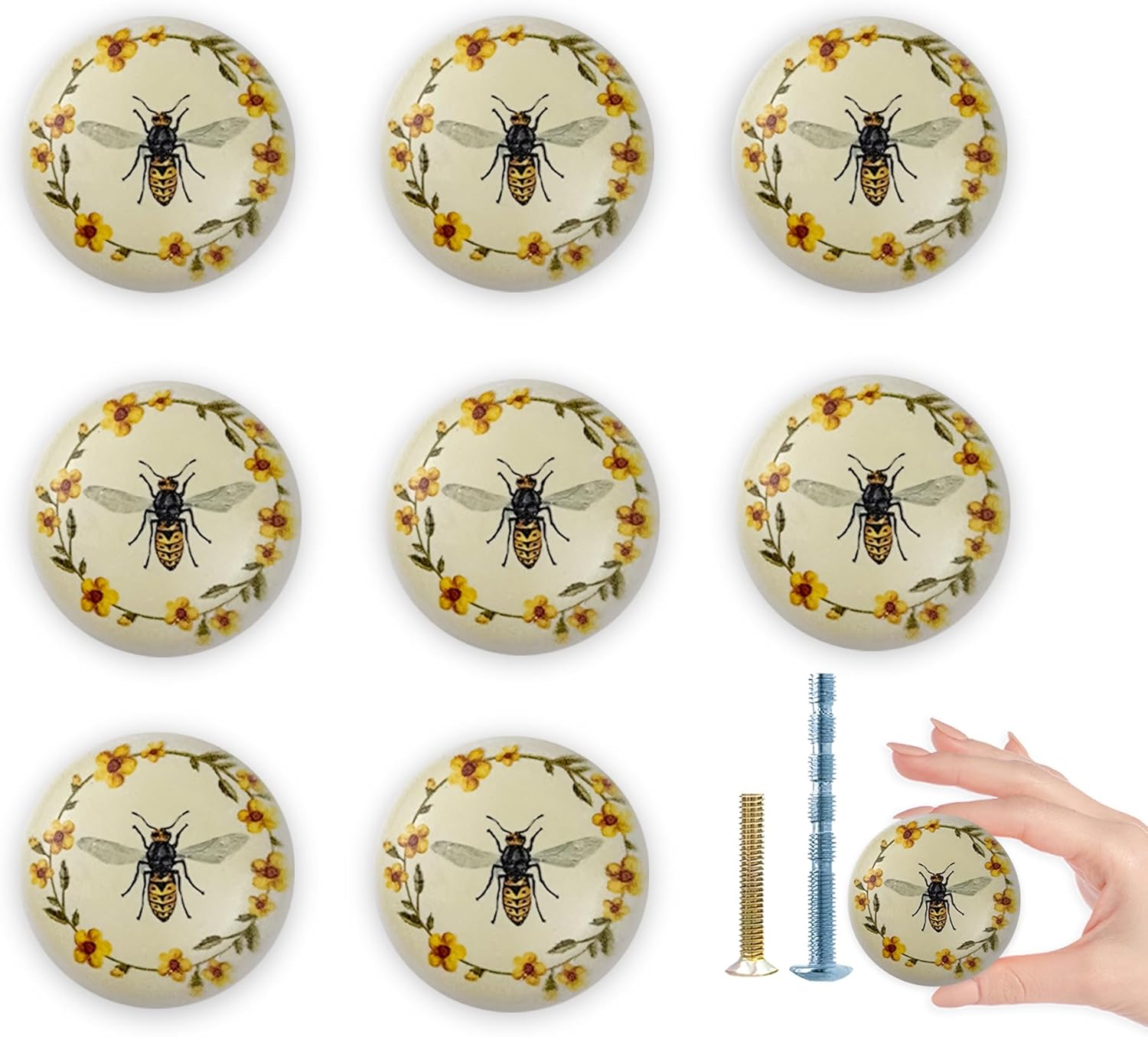 8 Pack 1.5" Bee Cabinet Knob Round Unique Cute Door Furniture Dresser Handles Decorative Furniture Drawer Pulls and Knobs