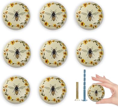8 Pack 1.5" Bee Cabinet Knob Round Unique Cute Door Furniture Dresser Handles Decorative Furniture Drawer Pulls and Knobs
