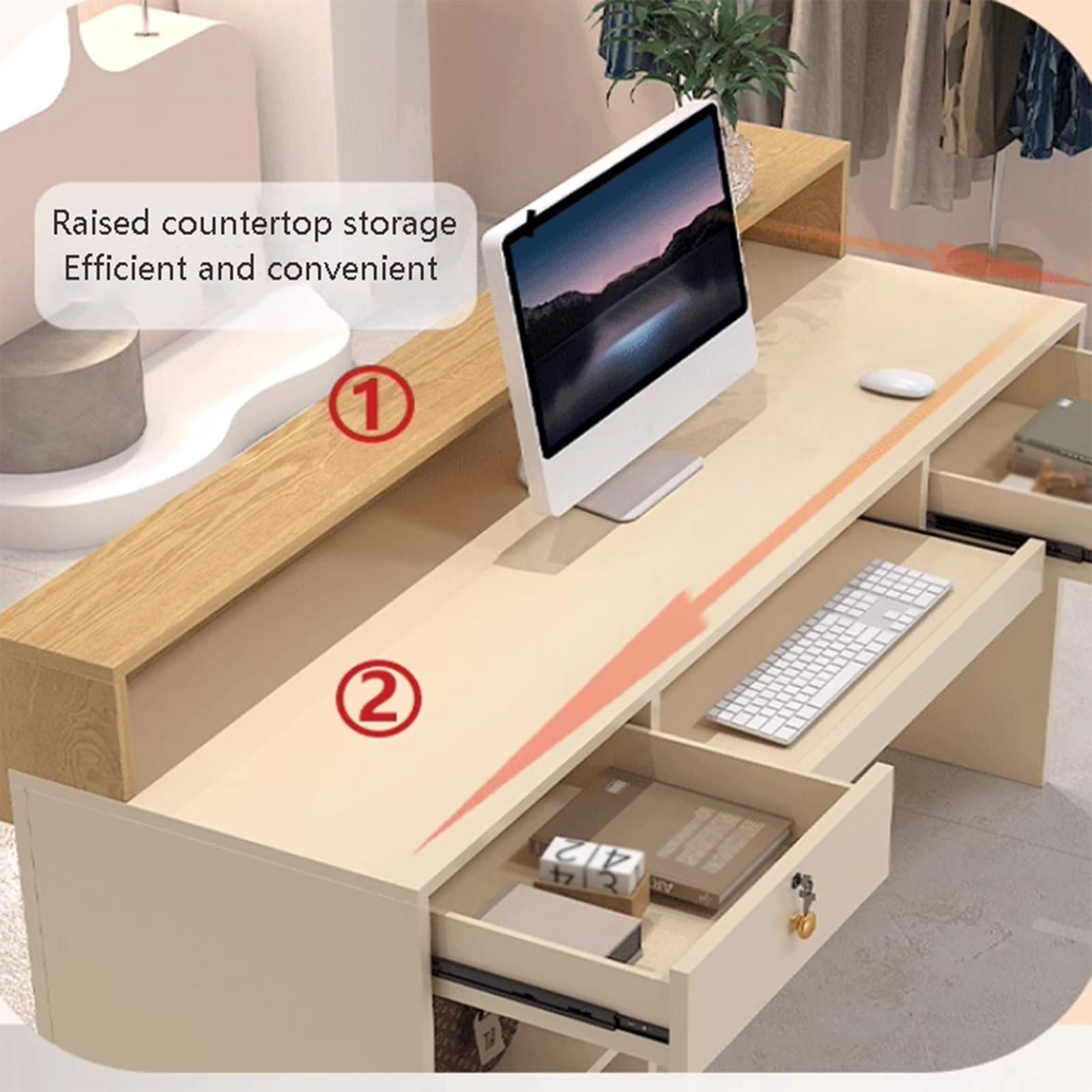 Cassettiera moderna con cassetto chiudibile a chiave, elegante tavolo per sale e saloni, 140 cm, perfetto per aziende