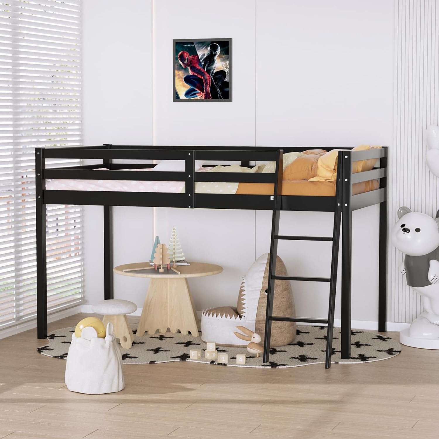 VINGLI Junior Low Loft Bed with Stairs, 47 Inches High Sleeper Bed Full Size for Adults, Kids and Young Teens, No Box Spring Required, Solid Wood Slat Support, Black