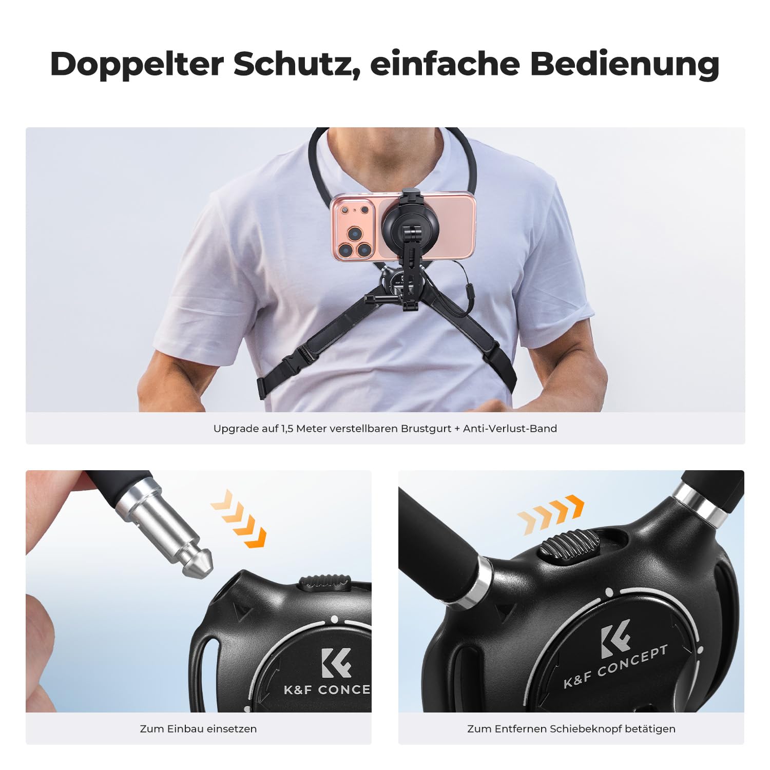K&F CONCEPT Handyhalterung für den Hals mit Doppelfunktion, magnetische Halterung und Telefonclip, mit luftgepolsterter Basis, 65 cm Länge, komplett mit Riemen und magnetischer Führungsplatte(Schwarz)
