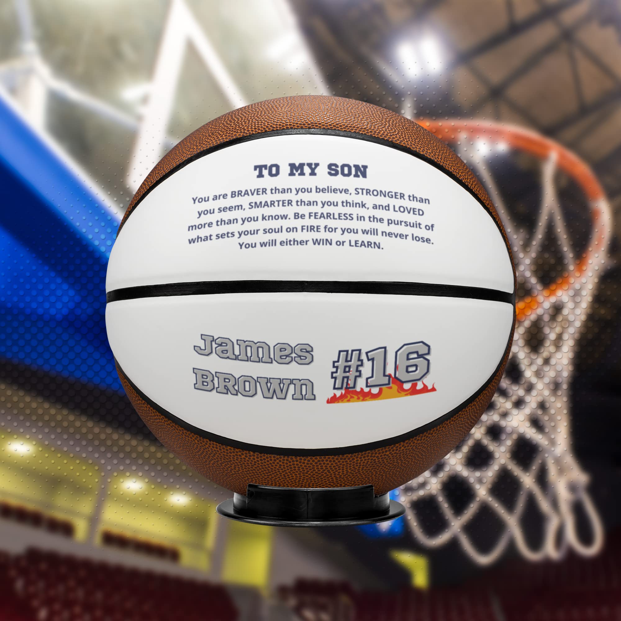 Pallone Da Basket Personalizzato Con Messaggio, Per Nipote Da Nonni. Pallone A Grandezza Naturale (74,9 Cm) In Pelle Sintetica, Con Base Espositiva.