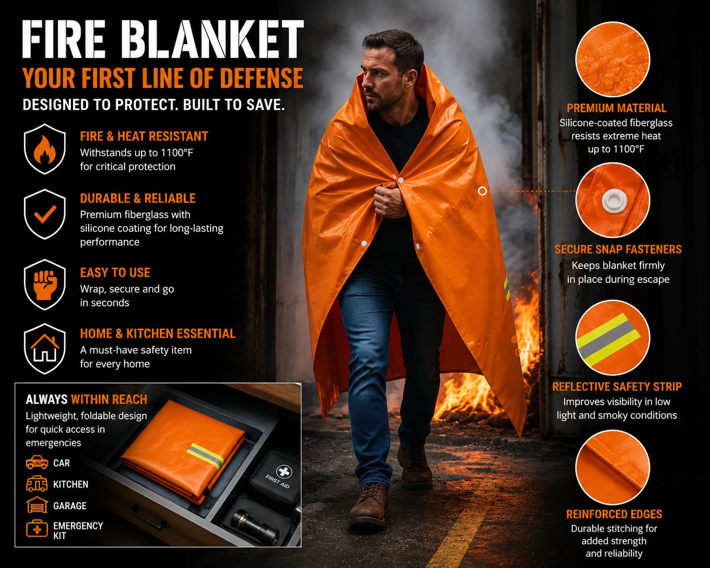 Manta ignífuga | Manta ignífuga con capucha | Mantas de emergencia contra incendios para cuerpo completo | Capa con capucha de emergencia con tiras reflectantes | Resistente al calor