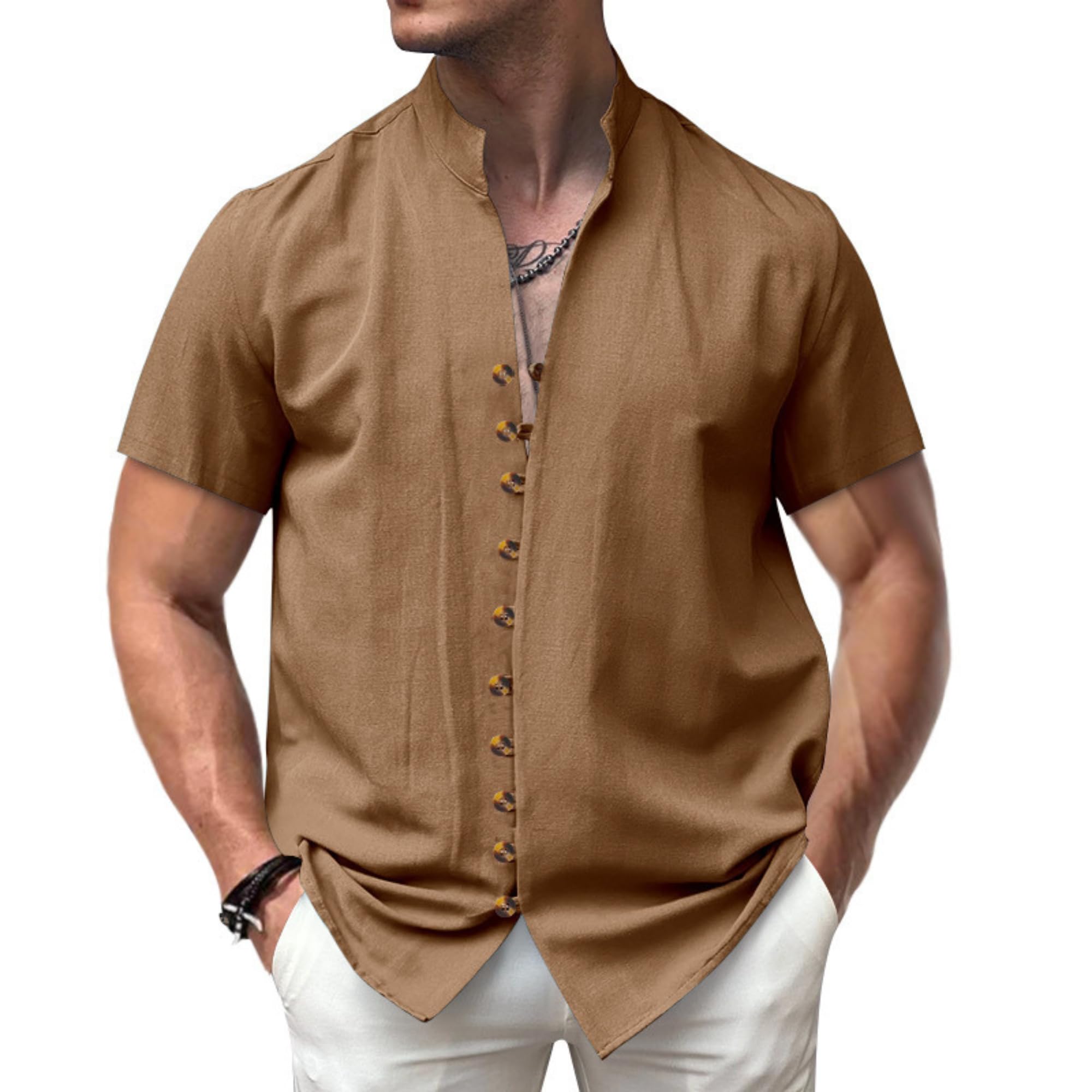DMOYALA Men's Button Down Linen Shirts Summer Casual Short Sleeve Hawaiian Shirts Beach Vacation Cotton Shirts