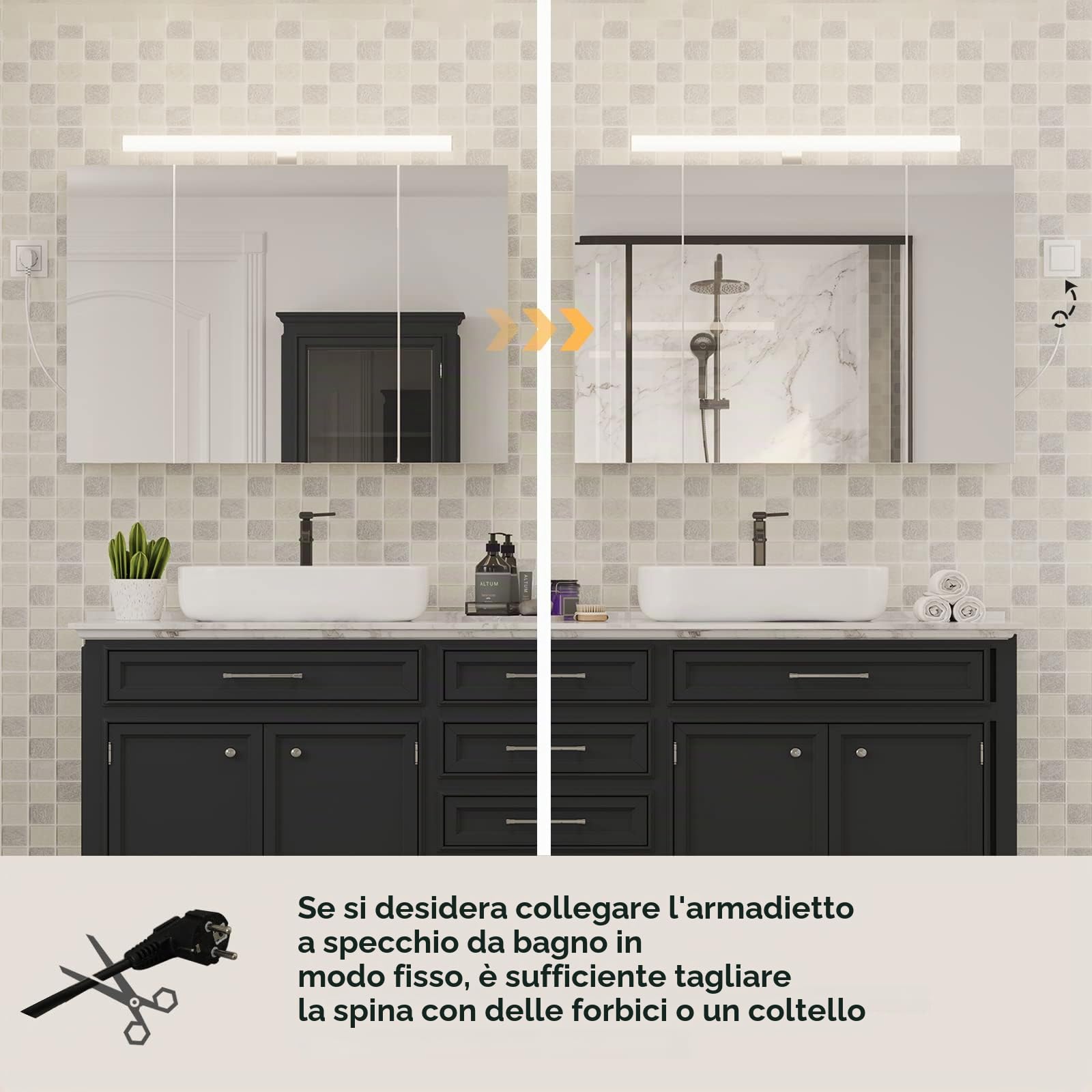 DICTAC Specchio Bagno Contenitore con Luce e Presa Elettrica Mobile Bagno con Specchio e Led illuminazione 90x16x60cm Armadio specchio Bagno con 3 ante e Mensola Regolabile,Bianco