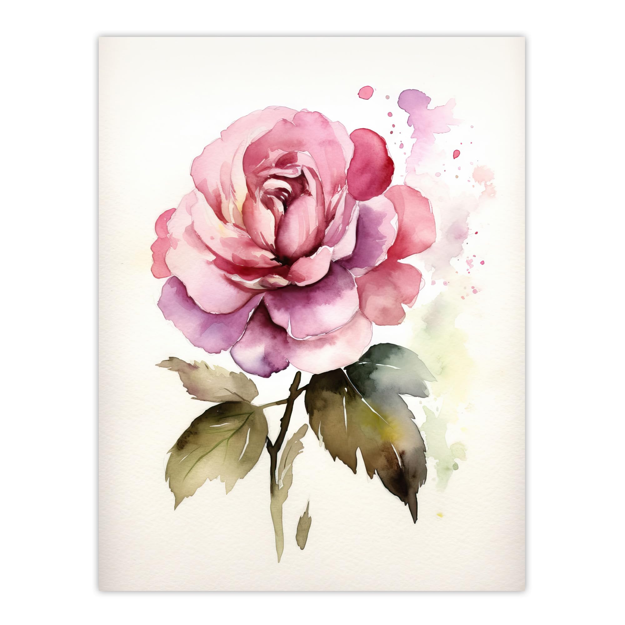 Artery8 Pink Rose Bloom Simple Watercolour Painting Single Flower Valentines Love Nature Colourful Bright Floral Modern Artwork Unframed Wall Art Print Poster Home Decor Premium