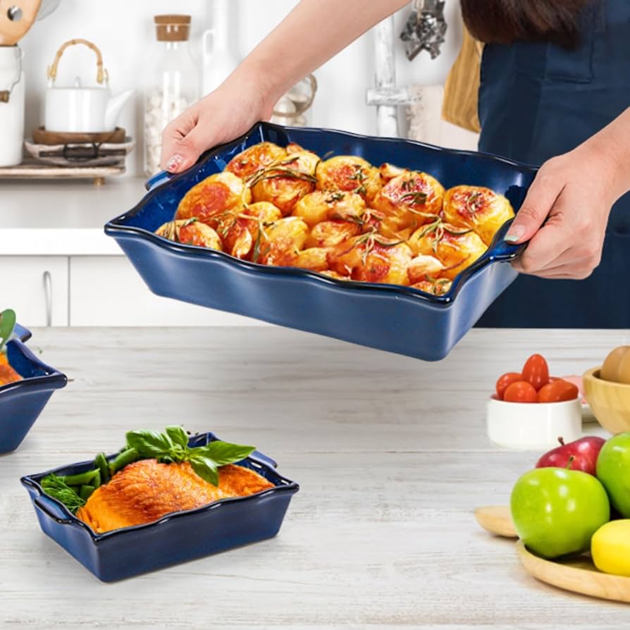 Peohud 3-Piece Ceramic Casserole Dish Set - Rectangular Baking Pans With Handles, Oven Safe, Blue