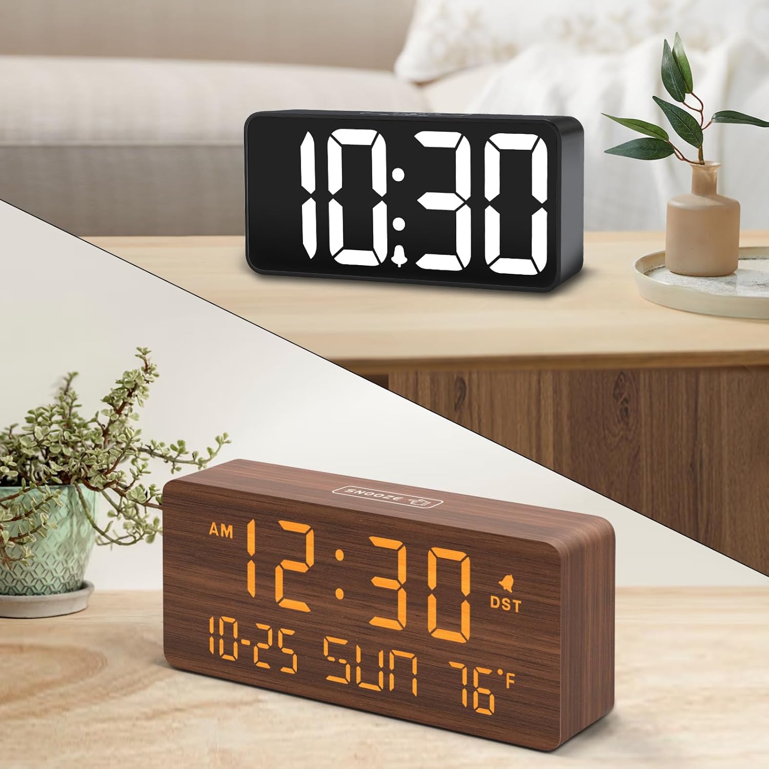 DreamSky Small Digital Clock and Wooden Alarm Clock with Date