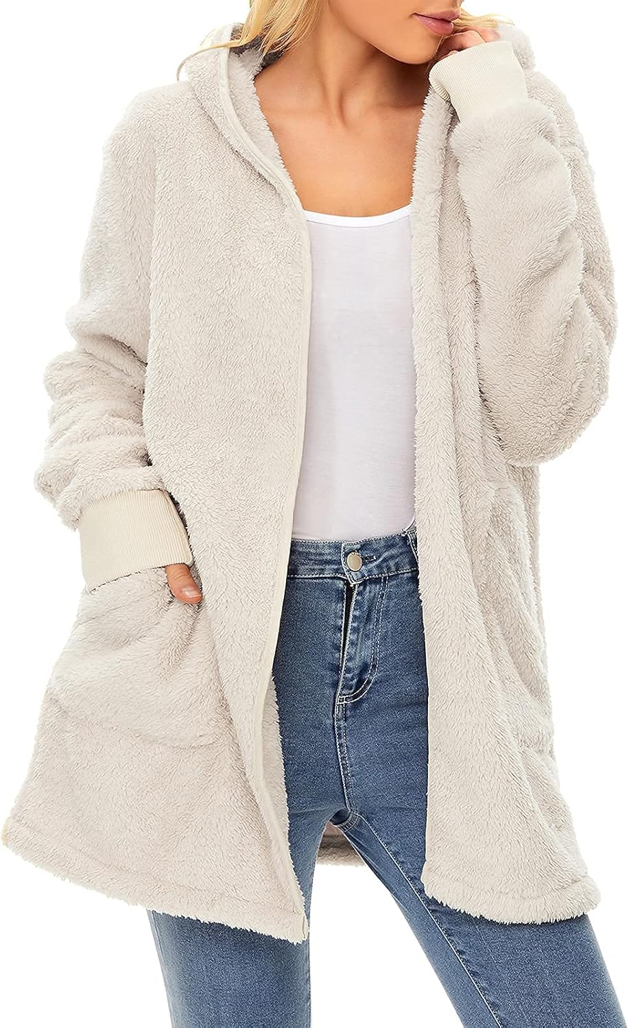 Century Star Women Fleece Cardigan Hooded Loose Fuzzy Cardigan Coat Womens Fuzzy Jacket Outwear - Image 2
