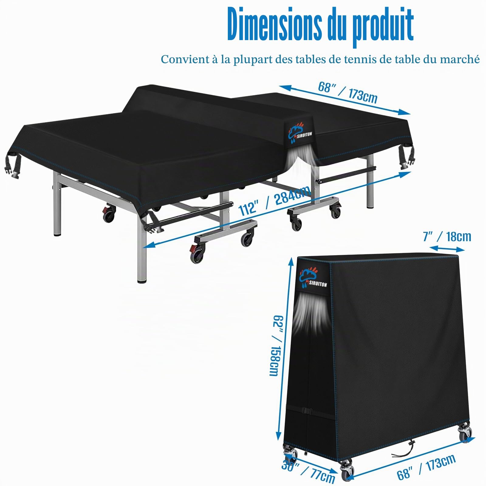 SIRUITON Housse de table de tennis de table Compatible avec les tables pliantes et fixes, résistance élevée, imperméable et respirable en 500D, protection pour table de ping-pong（173x77x158cm）