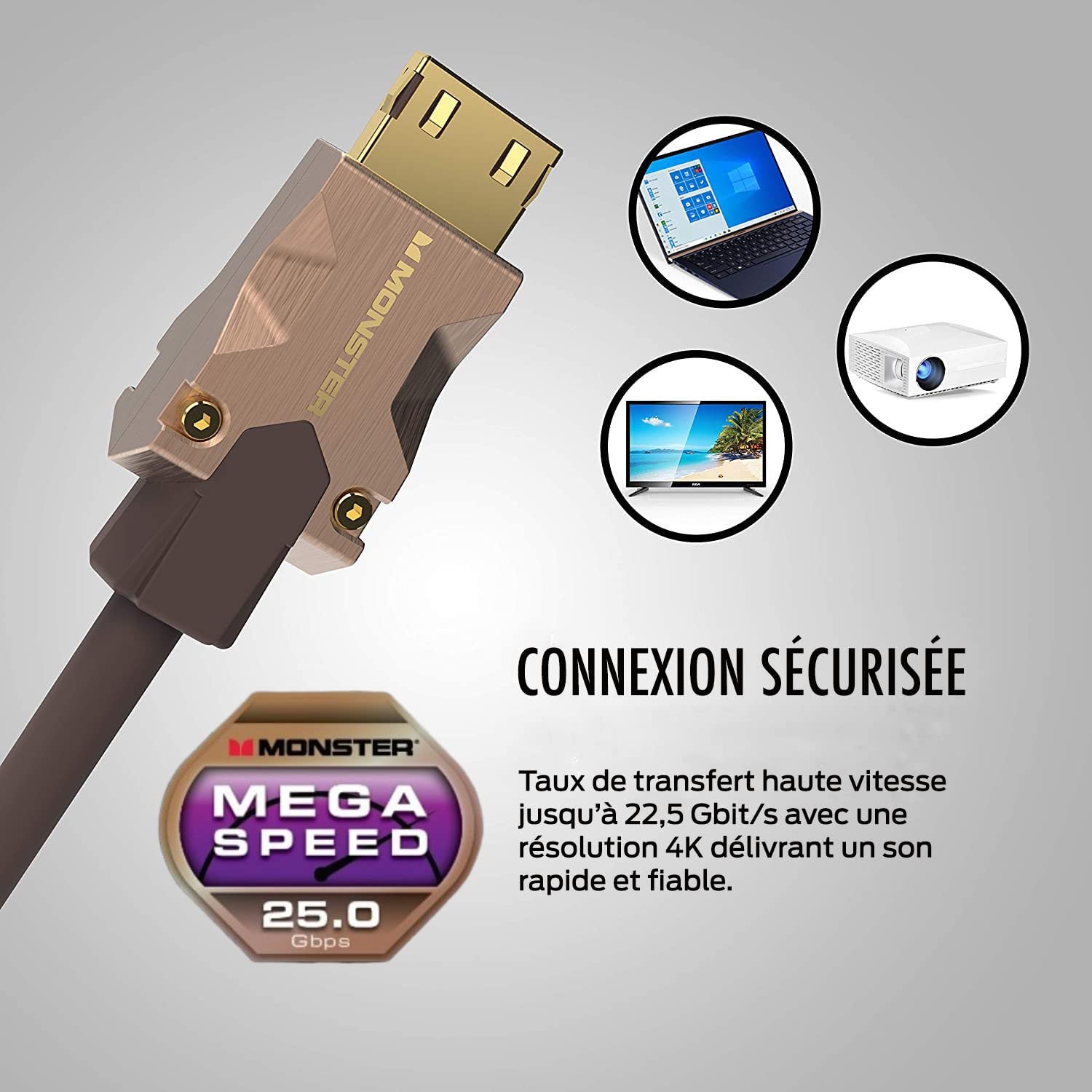 MONSTER - M2000 - Câble HDMI - Résolution 4K - Vidéo HDR10+ - 25 GBPS - Vitesse Éclair - Connecteurs V-Grip - Triple Blindage - 5 Mètres - Garanti à Vie - Gaine Souple Tressée