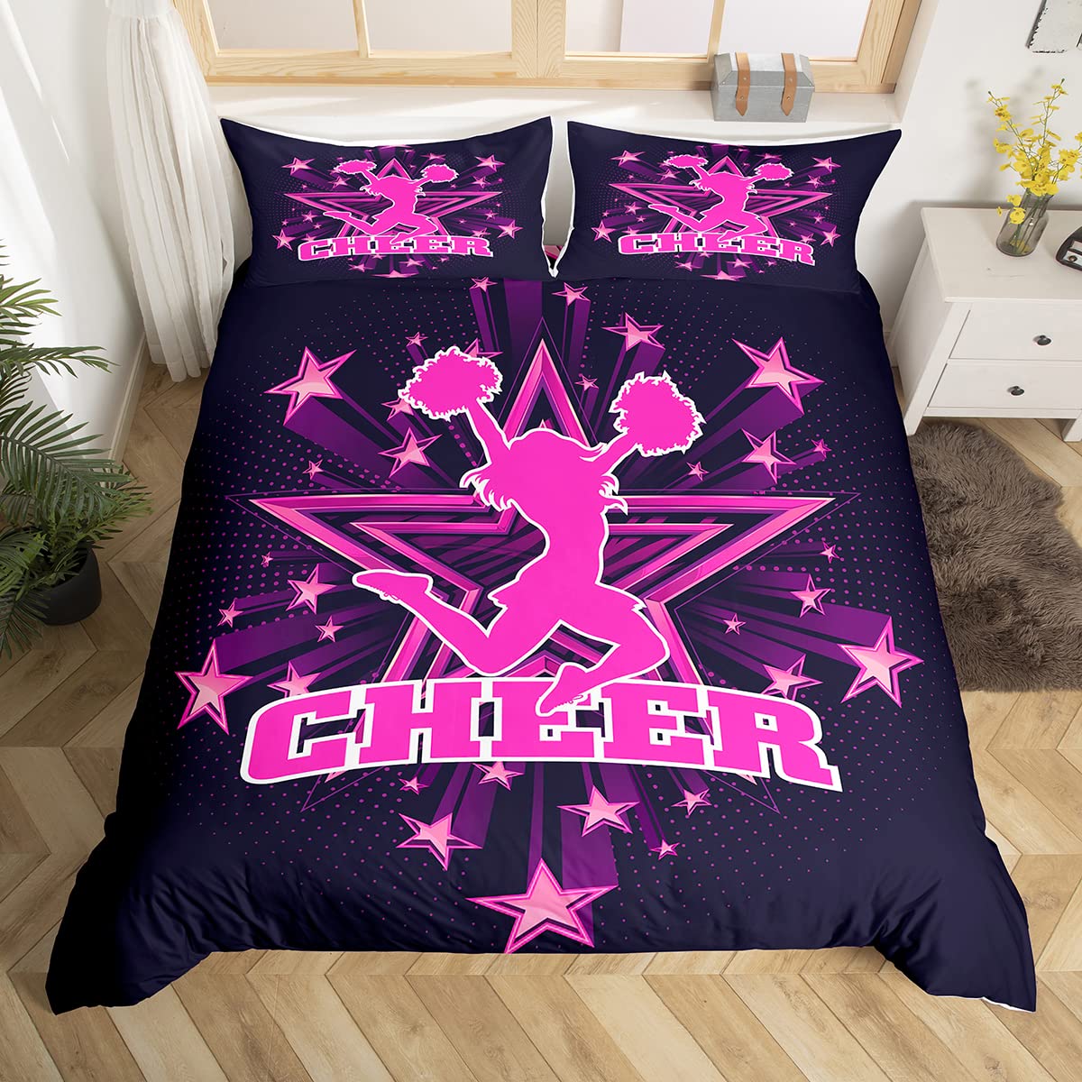 Housse de couette polyester doux lit double ado parure de lit 3 pièces pom-pom girl