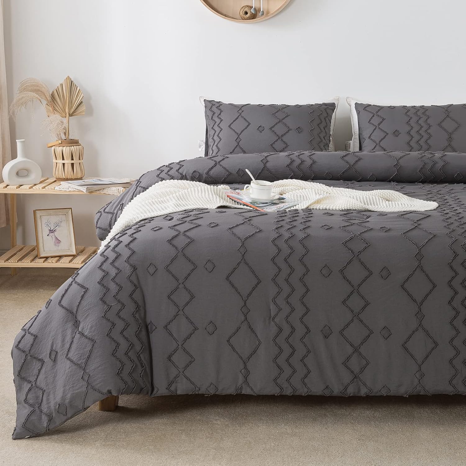 Andency Dark Gray Tufted Comforter Set King(104x90Inch), 3 Pieces(1 Tufts Comforter, 2 Pillowcases) Boho Textured Farmhouse Bed Set, Microfiber Down Alternative Geometric Bedding