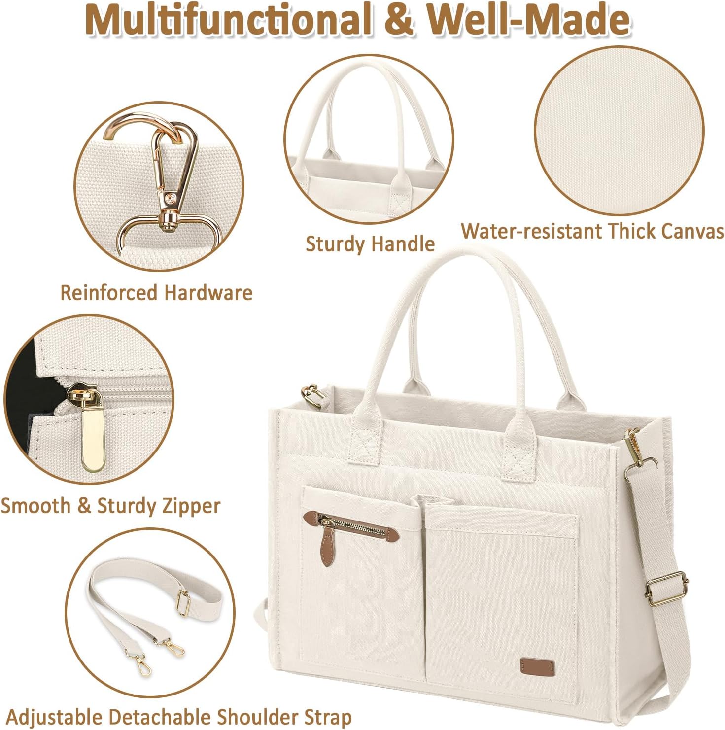 Canvas Tote Bag for Women, Large Work Tote Bags with Compartments, Zipper Crossbody Handbag for Teacher, College - Image 6