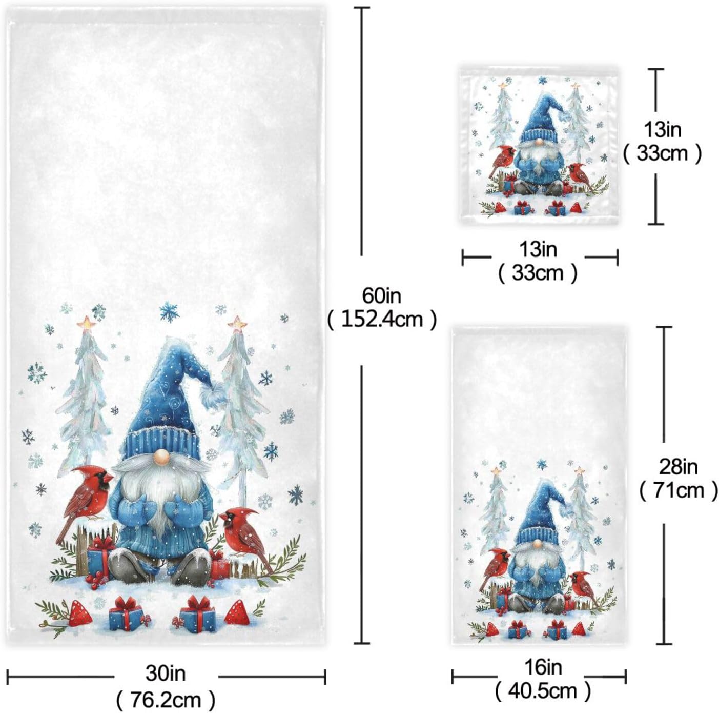 Dussdil Blue Winter Gnome Cardinals Bathroom Towel Set of 3 Pcs Snow Hand Fingertip Bath Towels for Home Bathroom Hotel Gym Swim Washcloth Soft Thin Durable Highly Absorbent Multipurpose Decor