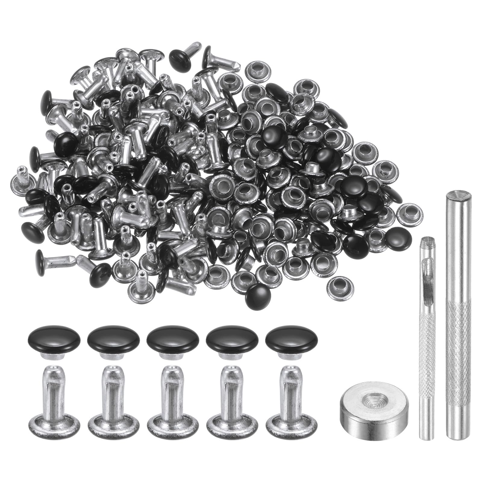 HARFINGTON 100 Sets Leather Rivets 6mm x 8mm Metal Double Cap Rivet Snaps Studs Fasteners with 3pcs Setting Tools Rivets for Leather Craft DIY Decoration, Brilliant Black
