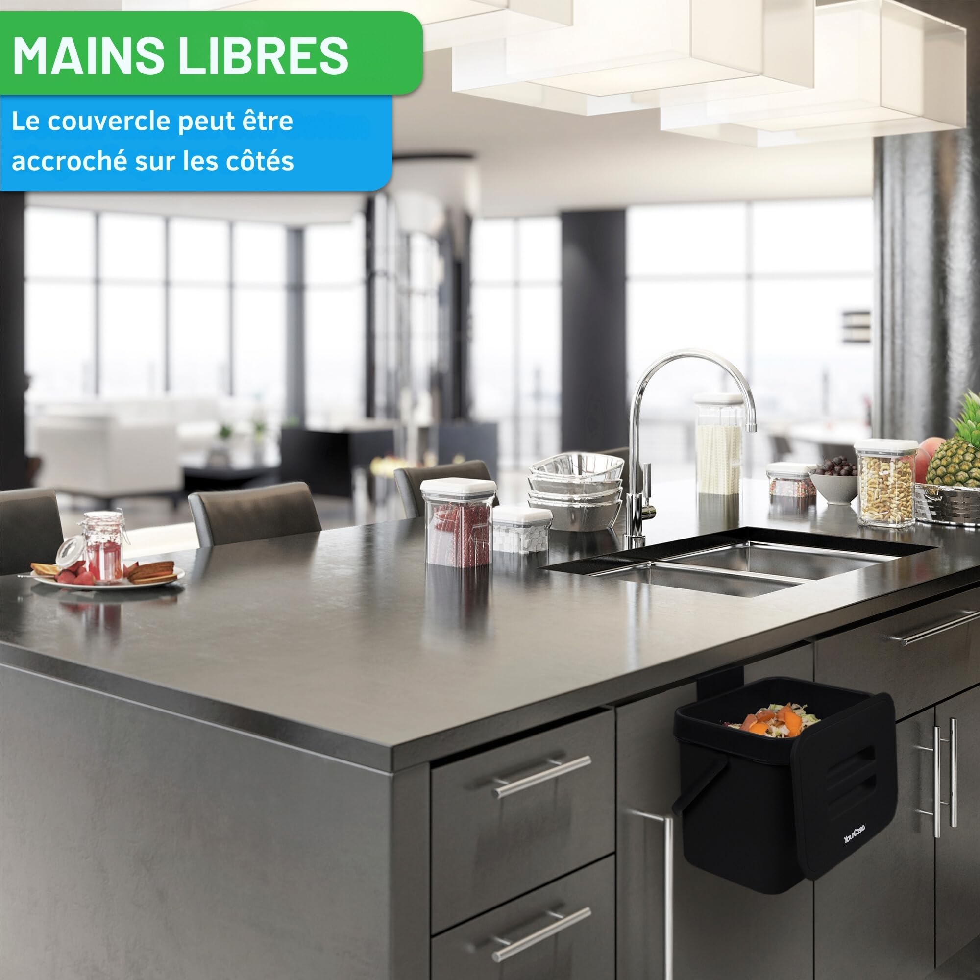 YourCasa® Poubelle de cuisine 7L à suspendre - Passoire à compost - Passe au lave-vaisselle - Anti-odeurs (noir)