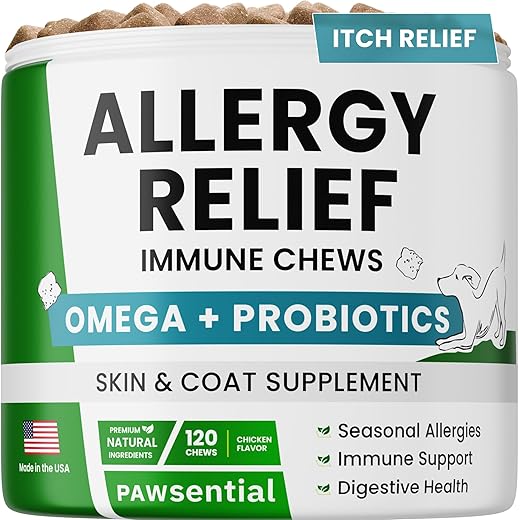 Allergy Relief Dog Chews - Itchy Skin Relief w/Omega 3 + Probiotics + Colostrum - Seasonal Allergies - Anti-Itch Treats - Skin & Coat + Immune Supplement - Made in USA - Chicken Flavor - 120 Ct