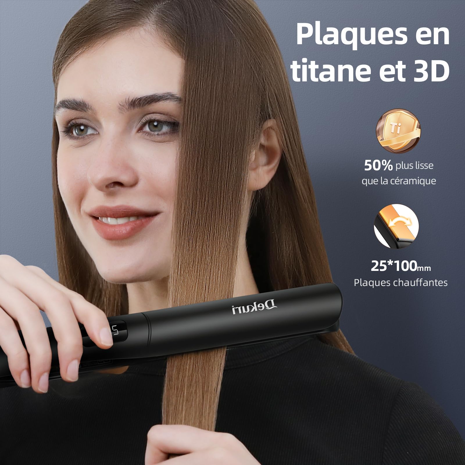 2 en 1 Dekuri, rizador y alisador, placa de titanio liso, calentamiento rápido en 30 s, pantalla LED 120-230 °C, iónico para mujer