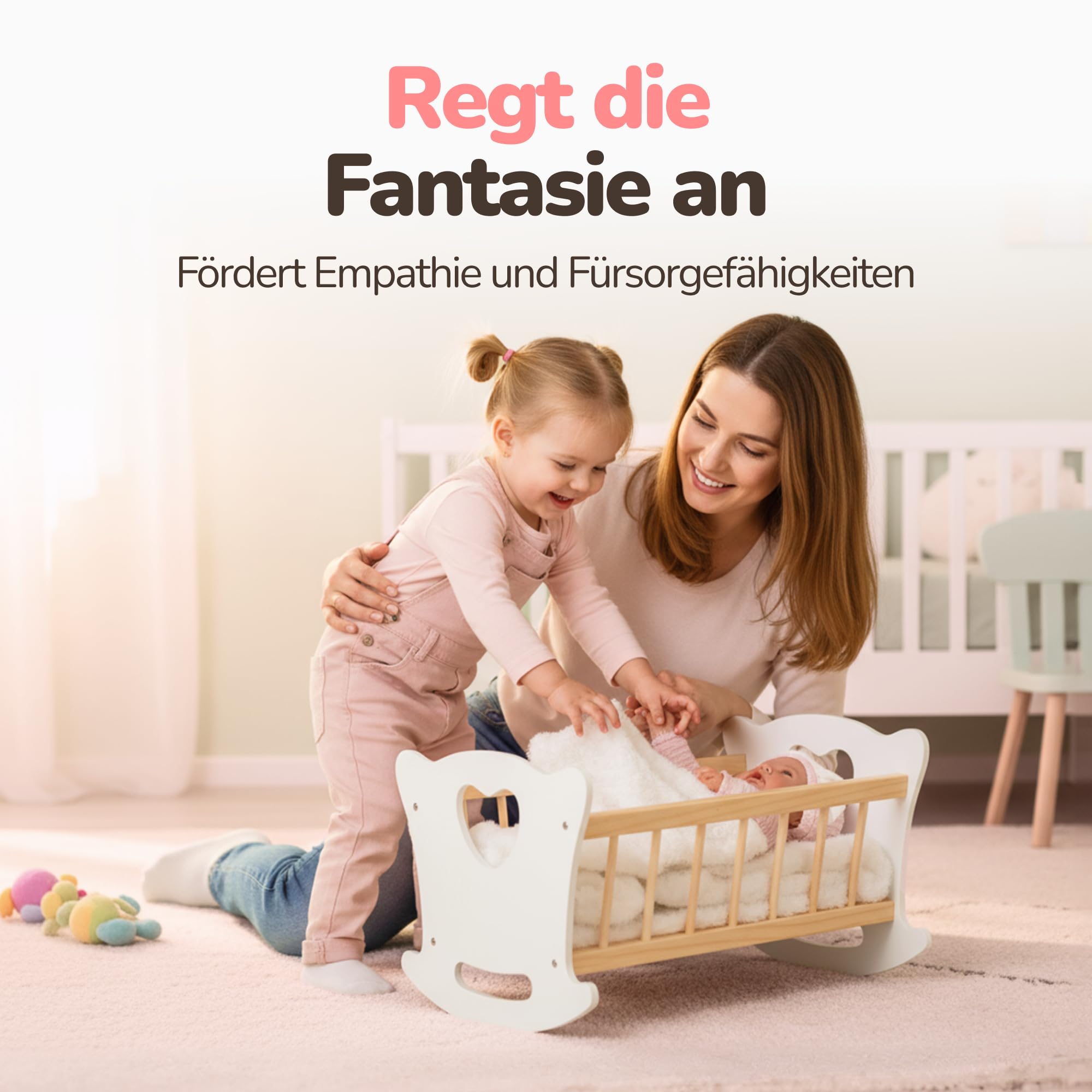 Kinderplay Łóżeczko dla Lalki, Kołyska dla lalki – Zestaw Kołyska plus Kołderka, Poduszeczka oraz Prześcieradło, dla laki o max. długości 49.5 cm., model GS2105 (GS2105)