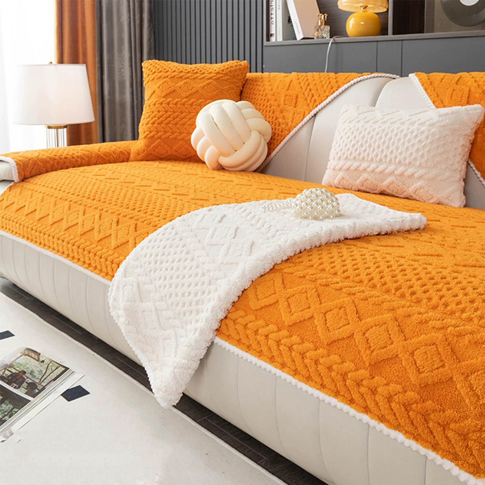 Housse canapé à chevrons en peluche lapin épais - Couvre canape en forme de L