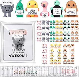 Gejoy 100 Sets Positive Mini Figures Gifts Mini Rubber Toy with Positive Card Bags Miniature Emotional Inspirational Birthday Gifts to Hide and Seek Encouragement Decorations for Coworkers Employees