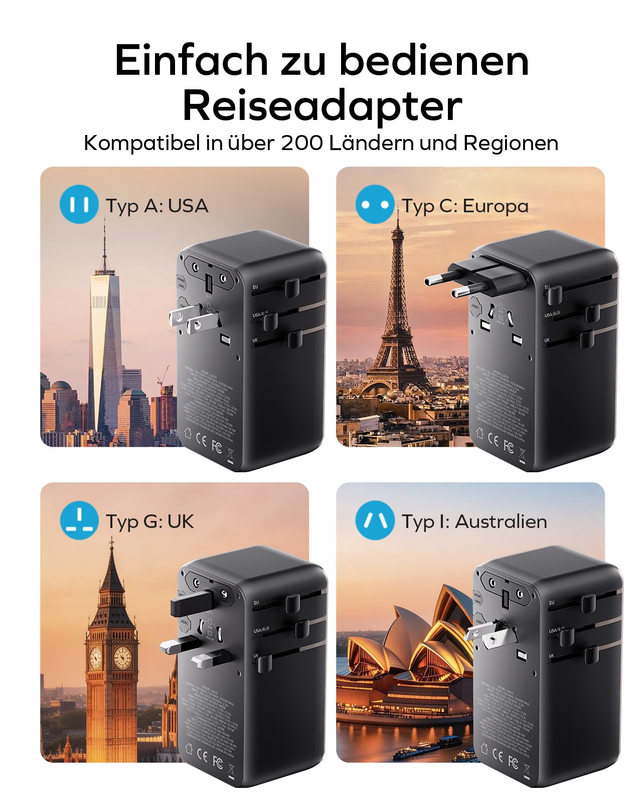 MOMAX 100W Reiseadapter Weltweit mit Ausziehbarem Kabel, Travel Adapter Worldwide mit 2 AC, 3 USB C und 1 USB A, Universal Adapter für Laptops und Handys - Titanium