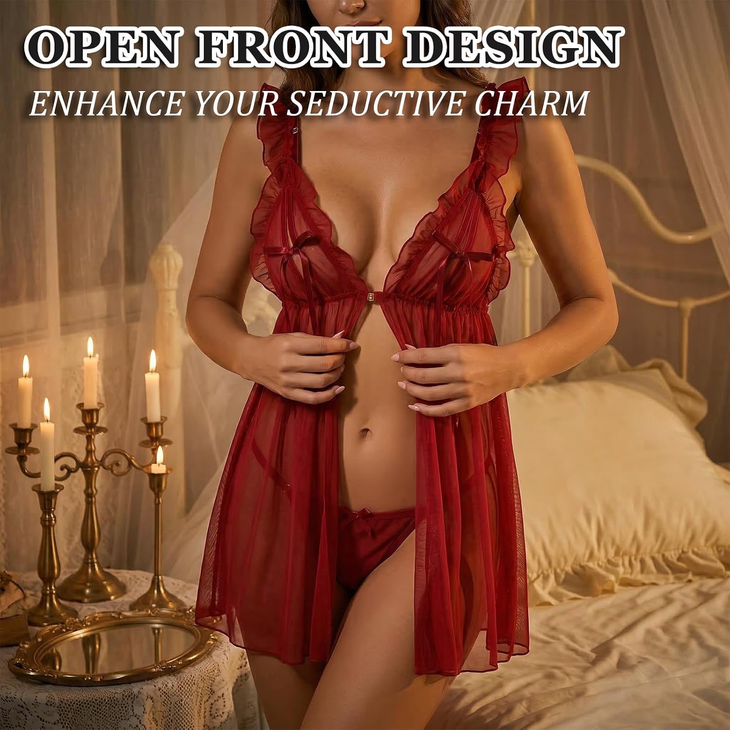 Lace Lingerie for Women, Lightweight Nightgown with Adjustable Straps, Open Front V Neck Babydoll Sleepwear Lace Nightdress, Womens Lingerie Dress with Panties Red