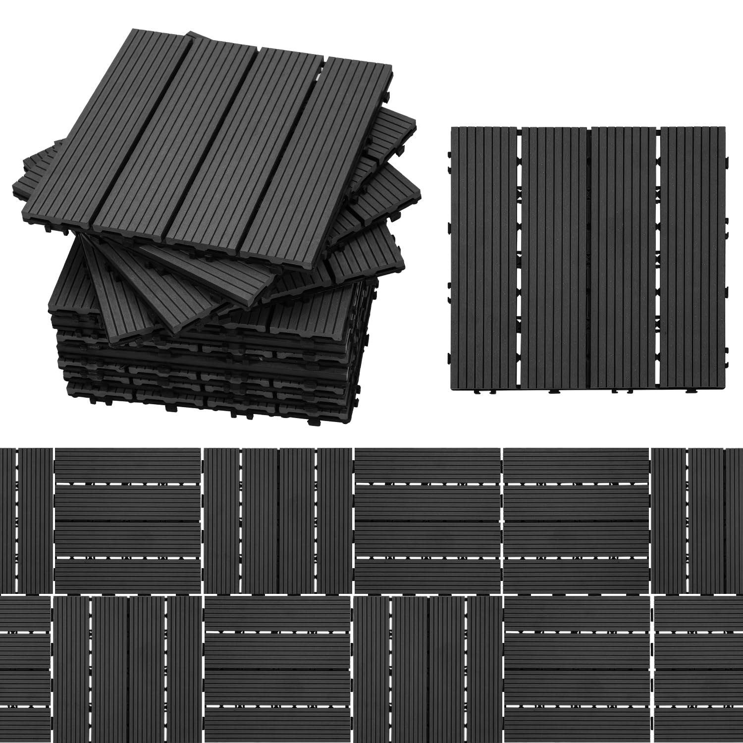 Randaco Baldosa de Plástico compuesto WPC, 30x30cm 11 pcs/1m² Suelo de Plástico-madera de Exterior con Drenaje und Sistema de Enchufe para el Balcón de la Terraza del Jardín, Antracita