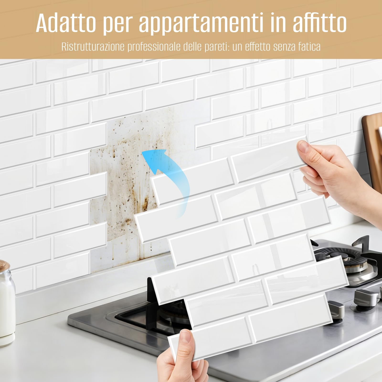 Adesivi per piastrelle, 3D, 10 pezzi, autoadesivi, per il retro della cucina, per soggiorno, camera da letto, cucina, bagno (Bianco)