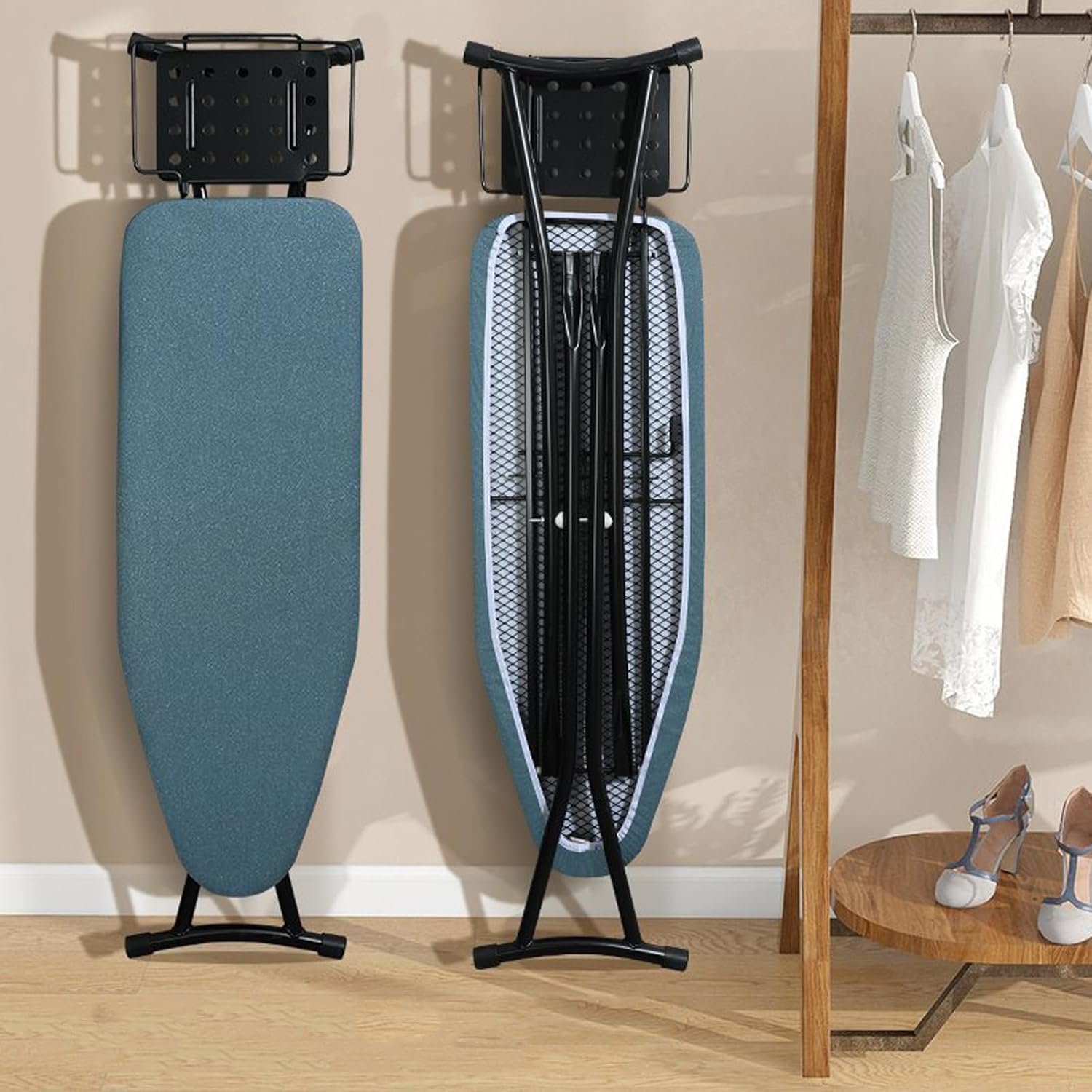 Ironing Board Full Size Metal Iron Board Foldable Sturdy Heavy Duty Large Ironing Board with Sleeve Ironing Board, Iron Rest, Metal Mesh, 91x31cm Ironing Surface, Removable Cover