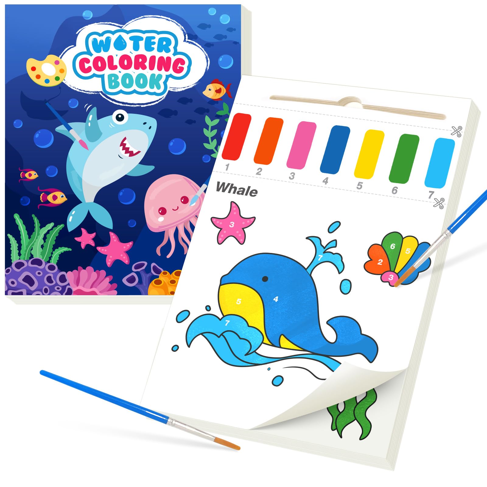 LIKYMO Painting by Numbers, Colouring Book, Water Painting Books for Kids 4-8, Arts and Crafts, Watercolor Painting Sets for Kids, Birthday Gifts Boys Girls (Blue Oceans)